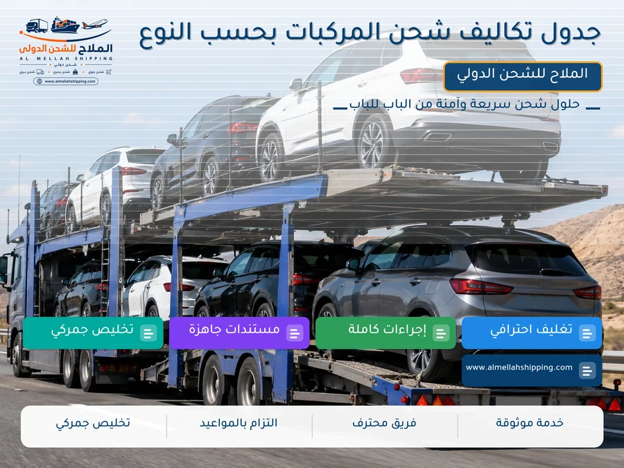 جدول تكاليف شحن المركبات بحسب النوع
