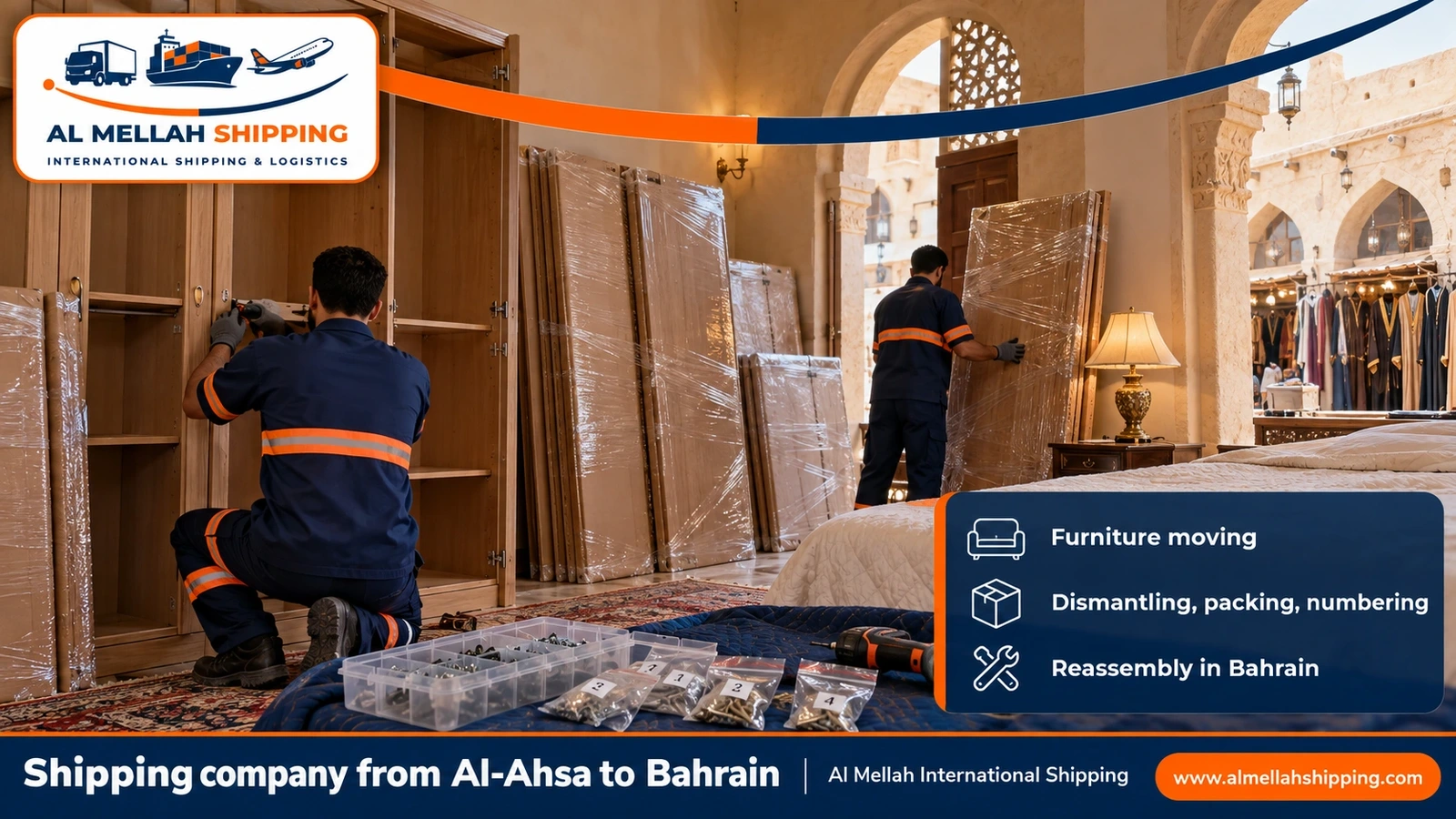 Household goods moving from Al-Ahsa to Bahrain with dismantling, packing and reassembly