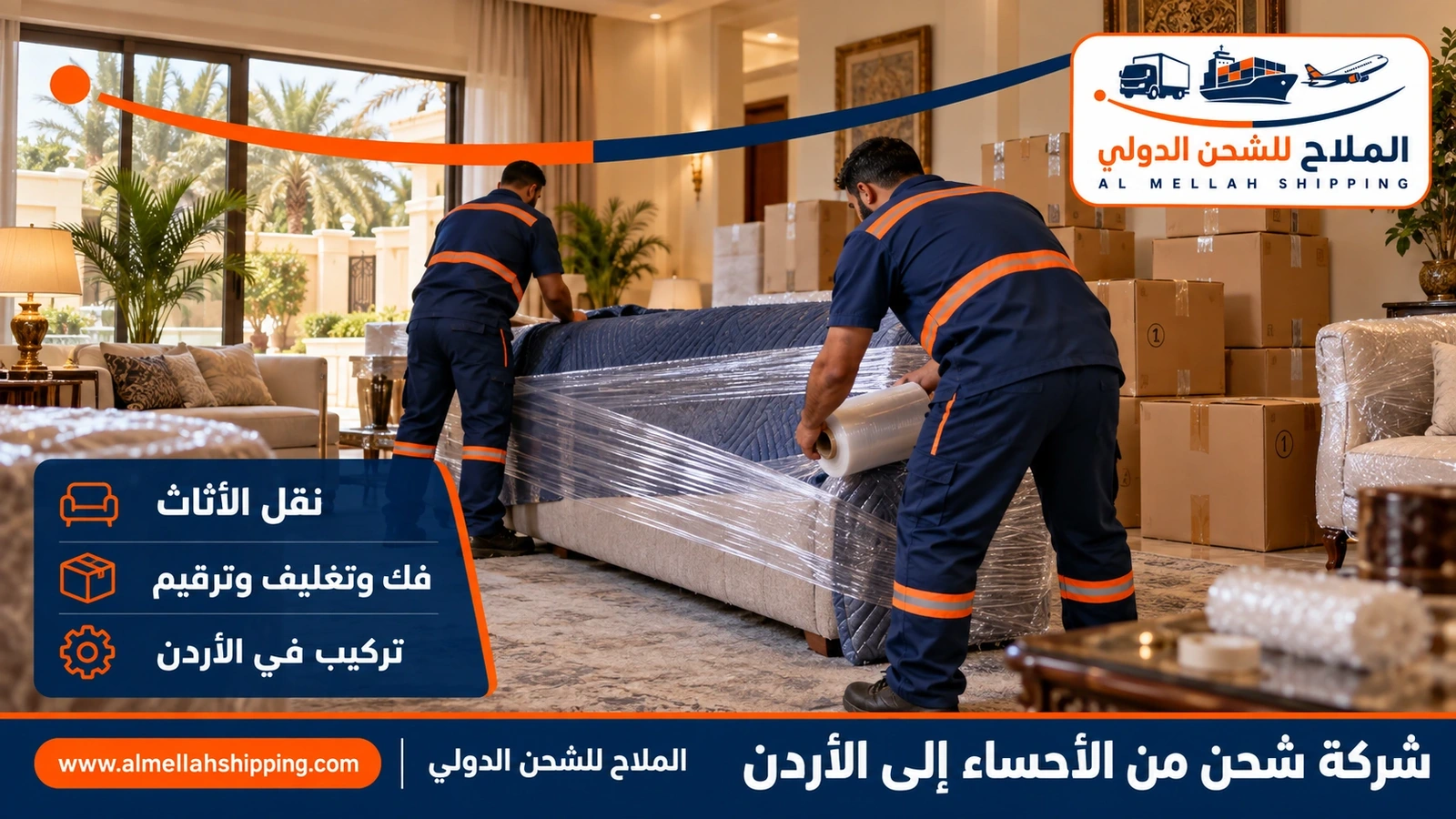 نقل أثاث من الأحساء إلى الأردن بالفك والتغليف والتركيب