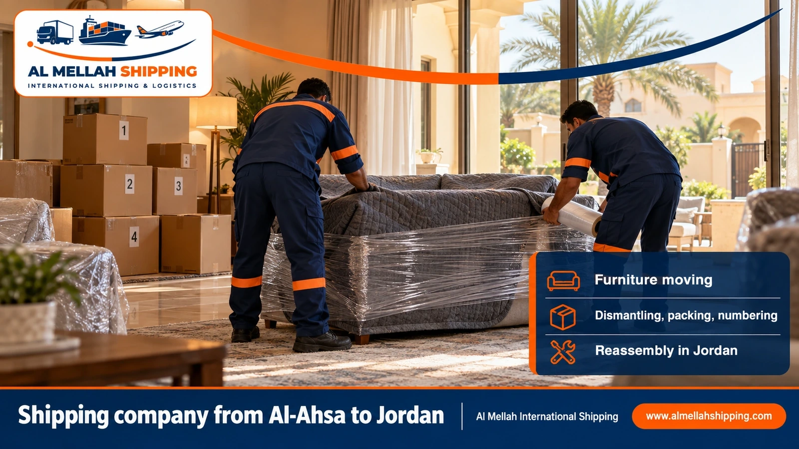Furniture moving from Al-Ahsa to Jordan with dismantling, packing and reassembly