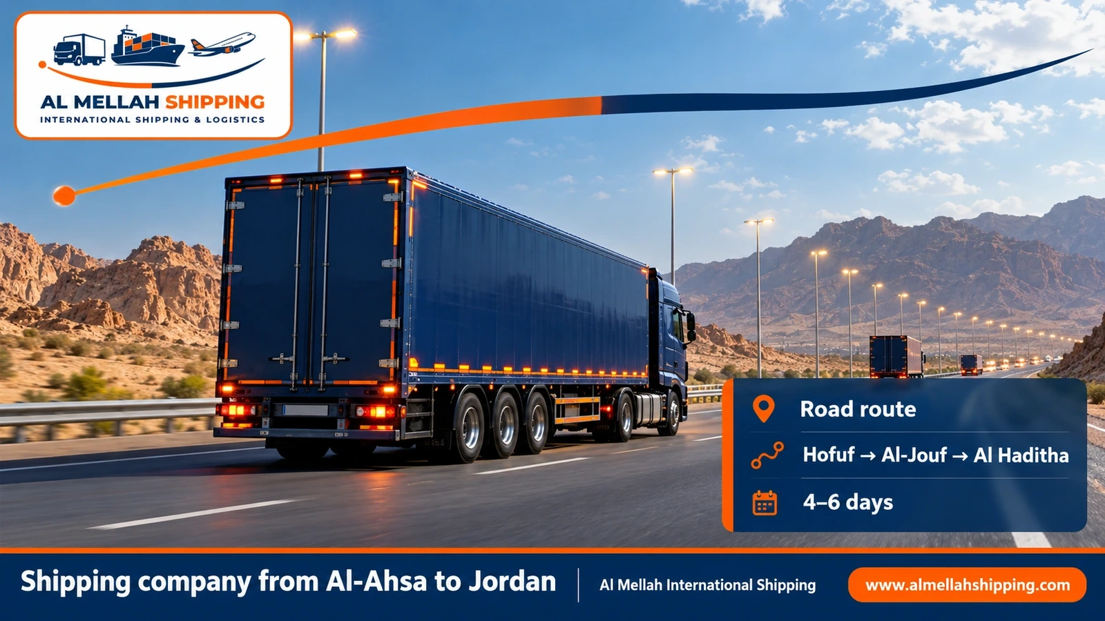 Road route from Al-Ahsa to Jordan via the Al Haditha crossing