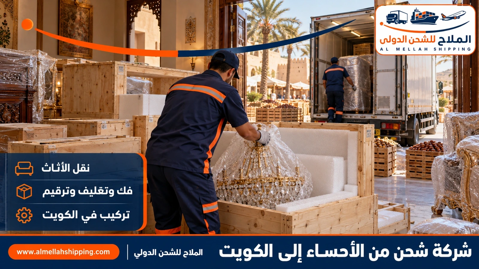 نقل أثاث من الأحساء إلى الكويت بالفك والتغليف والتركيب