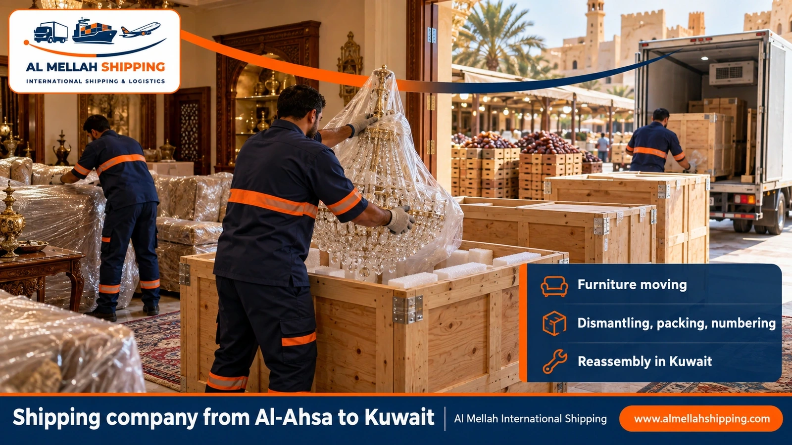Furniture moving from Al-Ahsa to Kuwait with dismantling, packing and reassembly