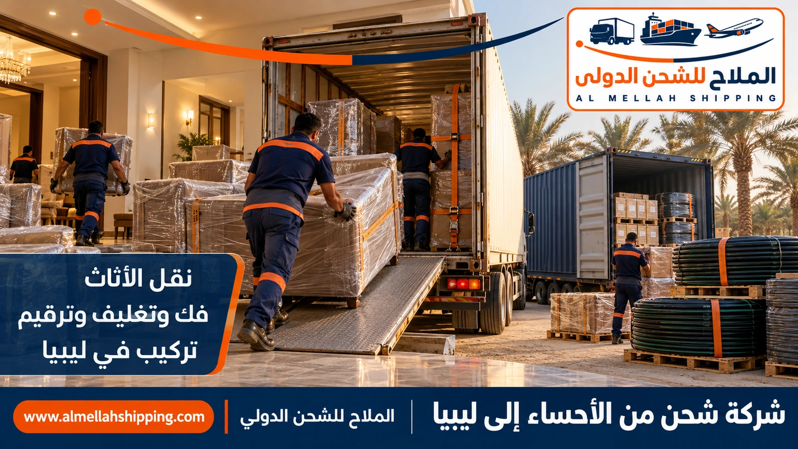 نقل أثاث من الأحساء إلى ليبيا بالتغليف البحري