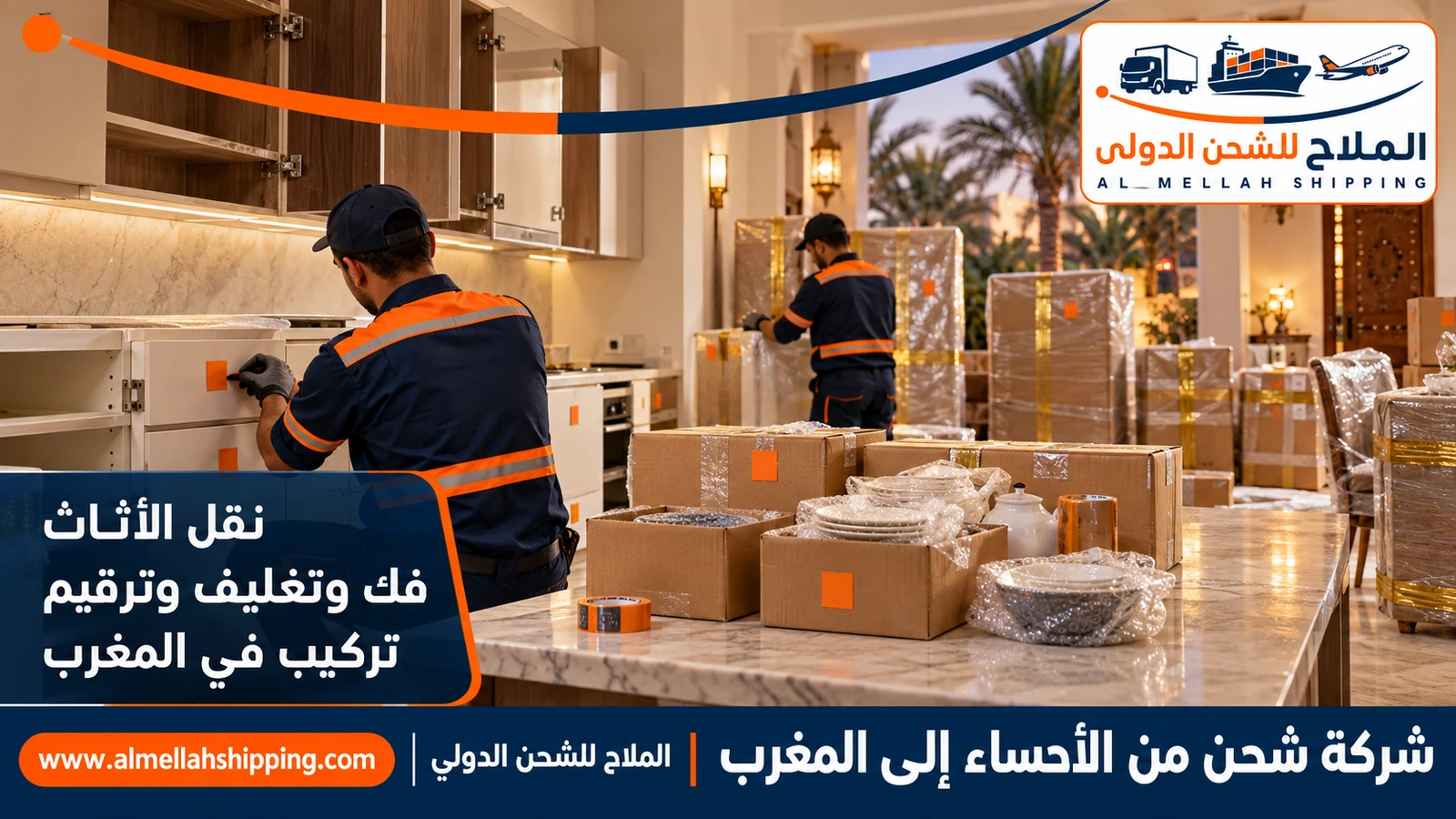 نقل أثاث من الأحساء إلى المغرب بالتغليف البحري