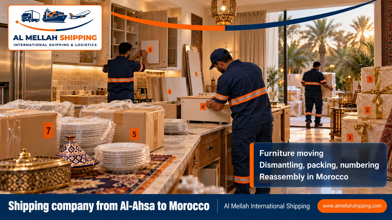 Furniture moving from Al-Ahsa to Morocco with sea packing