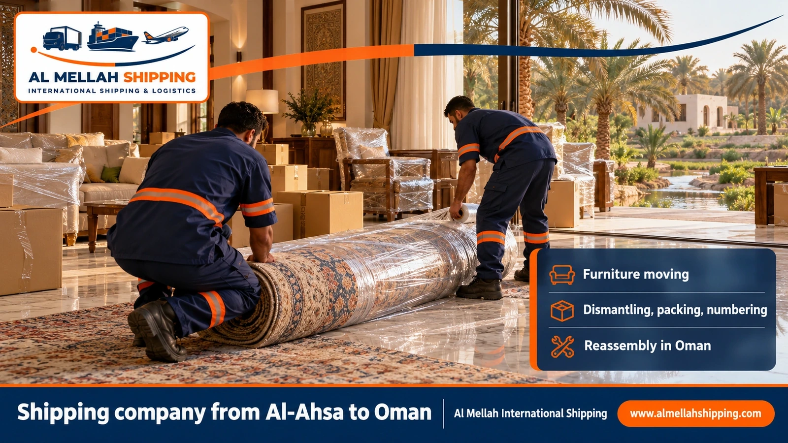 Furniture moving from Al-Ahsa to Oman with dismantling, packing and reassembly