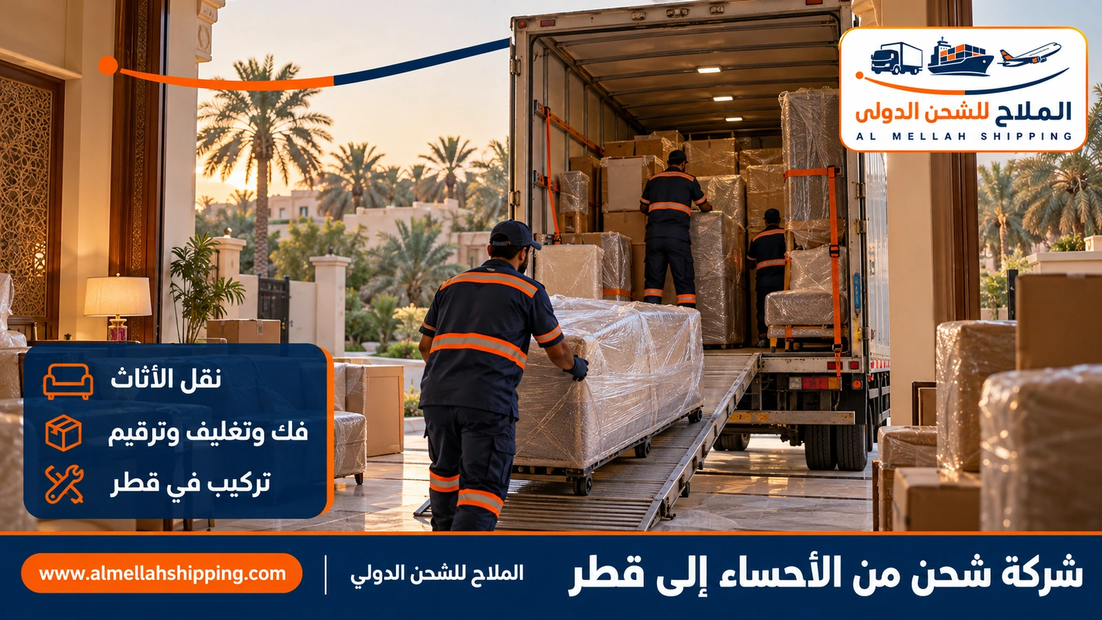 نقل أثاث من الأحساء إلى قطر بالفك والتغليف والتركيب