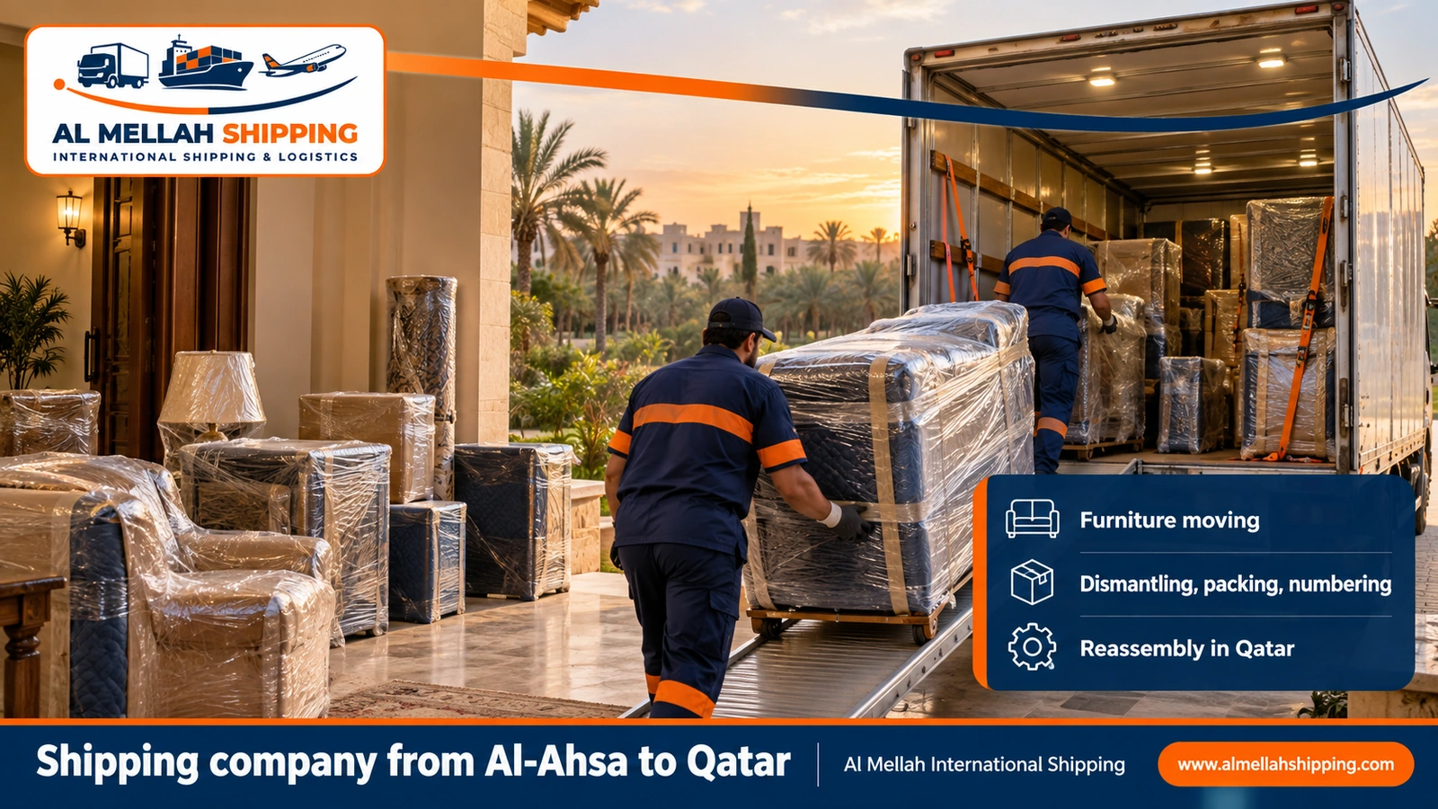Furniture moving from Al-Ahsa to Qatar with dismantling, packing and reassembly