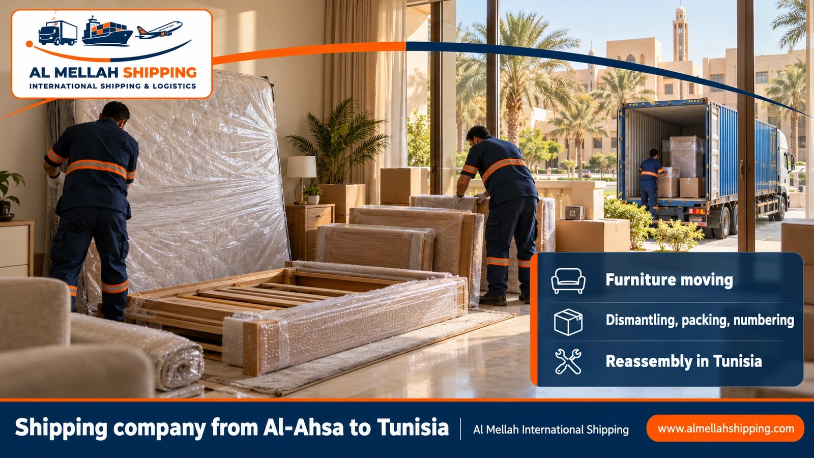 Furniture moving from Al-Ahsa to Tunisia with sea packing