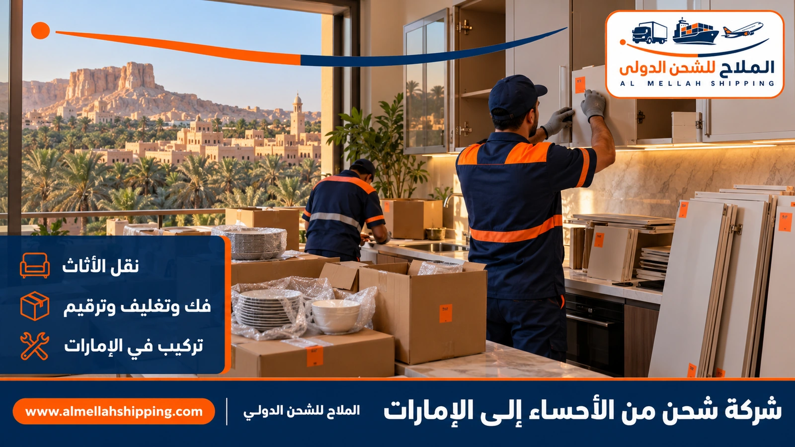 نقل أثاث من الأحساء إلى الإمارات بالفك والتغليف والتركيب
