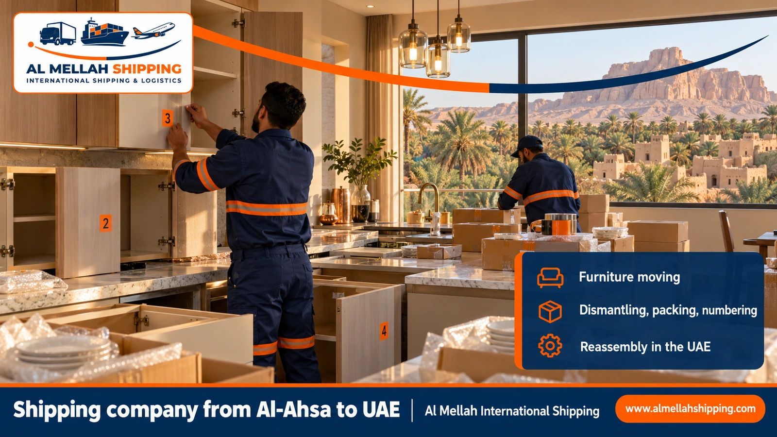 Furniture moving from Al-Ahsa to the UAE with dismantling, packing and reassembly