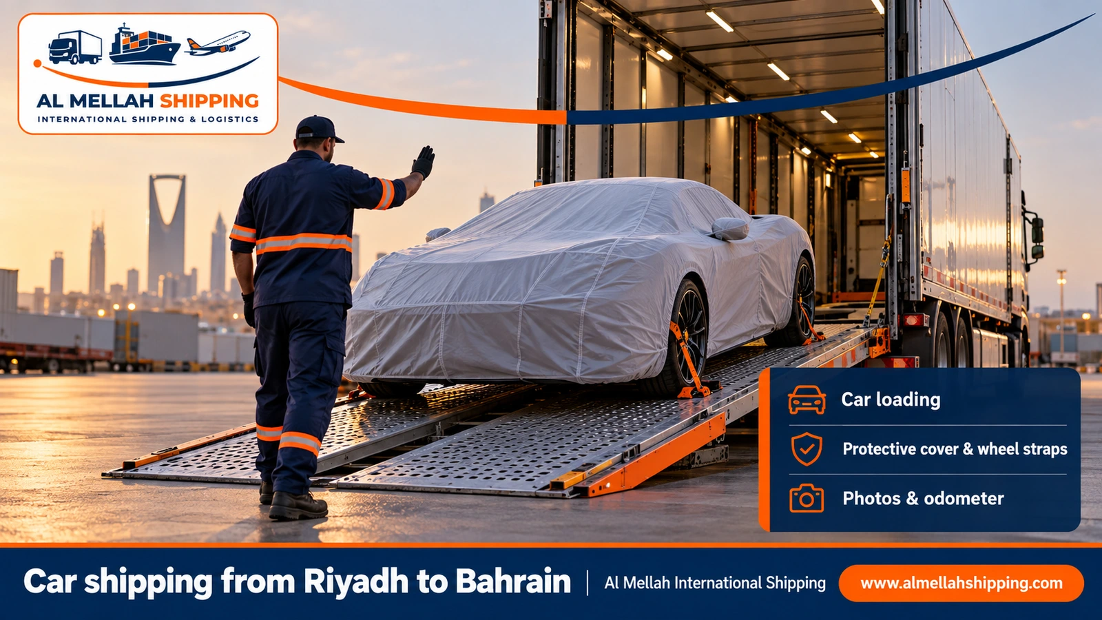 Car shipping from Riyadh to Bahrain on an enclosed hydraulic flatbed