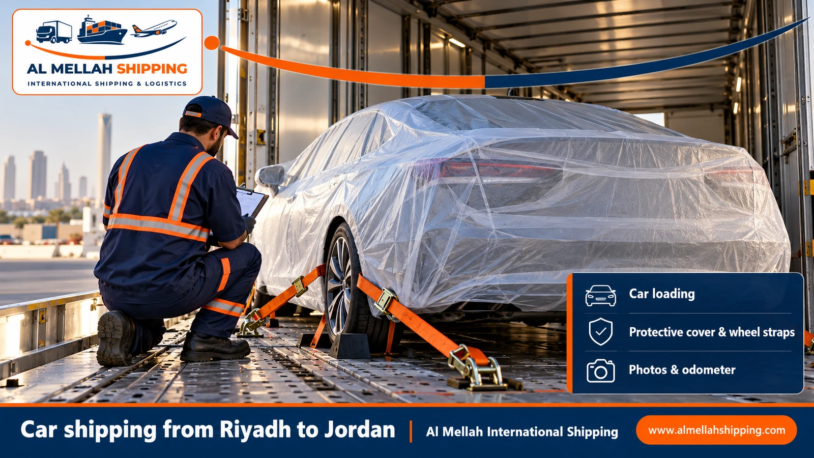 Car shipping from Riyadh to Jordan on an enclosed carrier