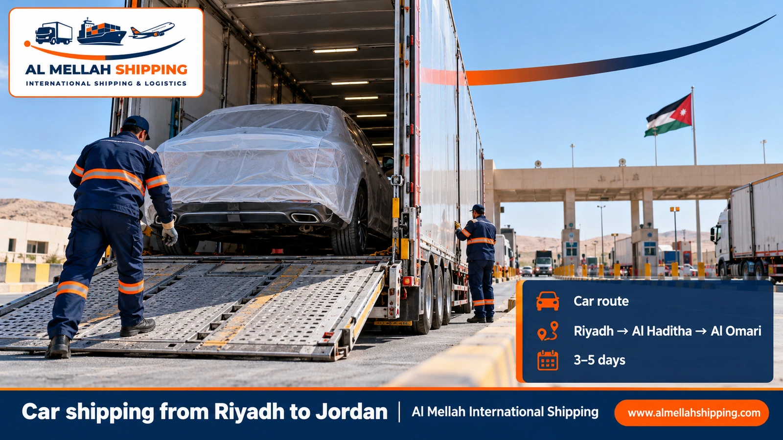 Car shipping route from Riyadh to Jordan via the Al Haditha crossing