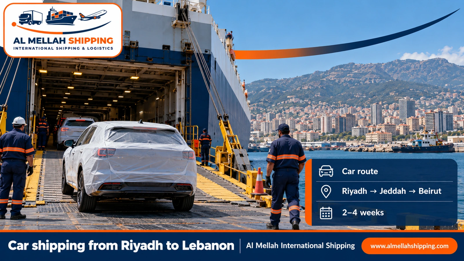 Car shipping route from Riyadh to Lebanon via Jeddah port