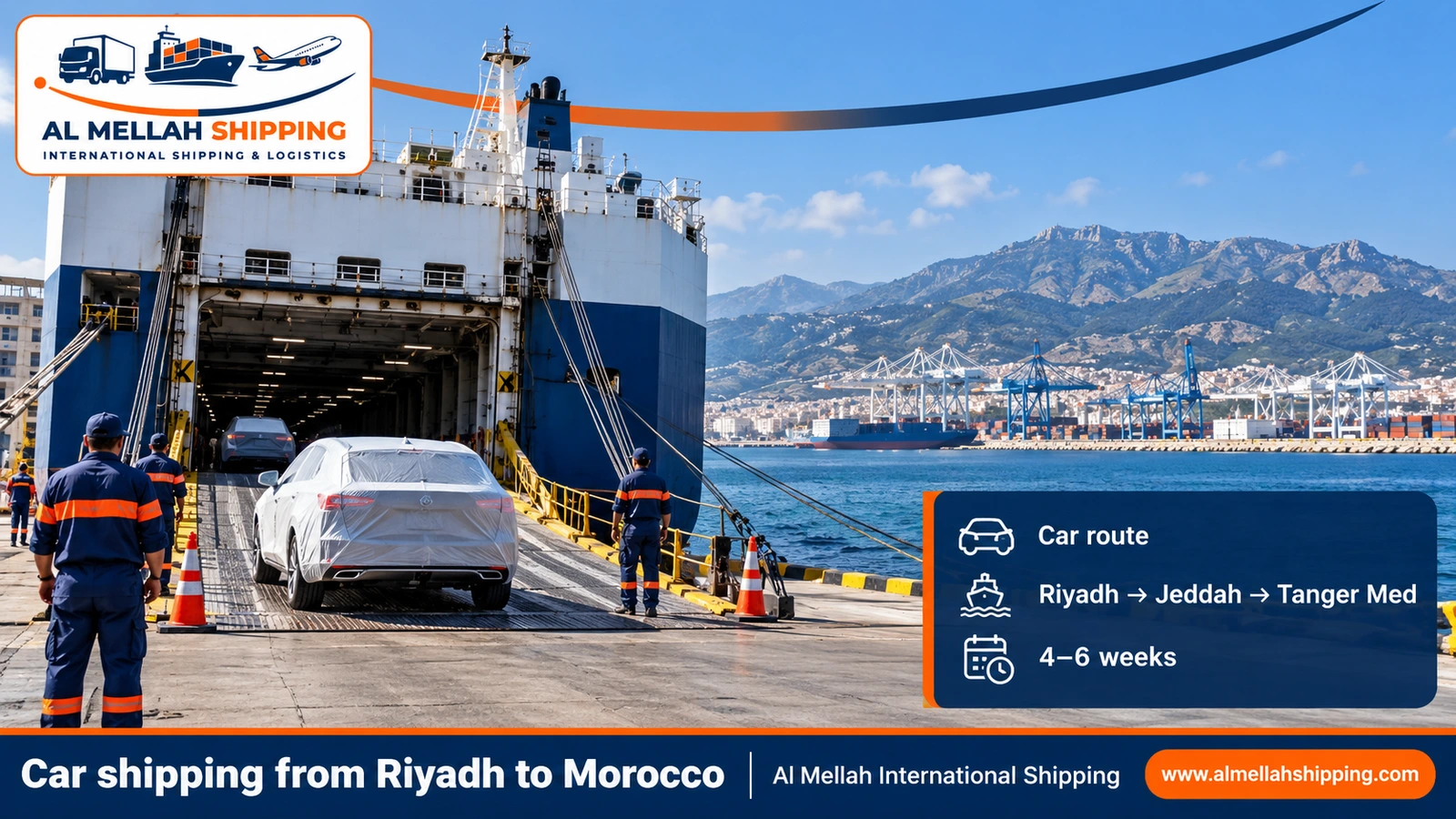 Car shipping route from Riyadh to Morocco via Jeddah port