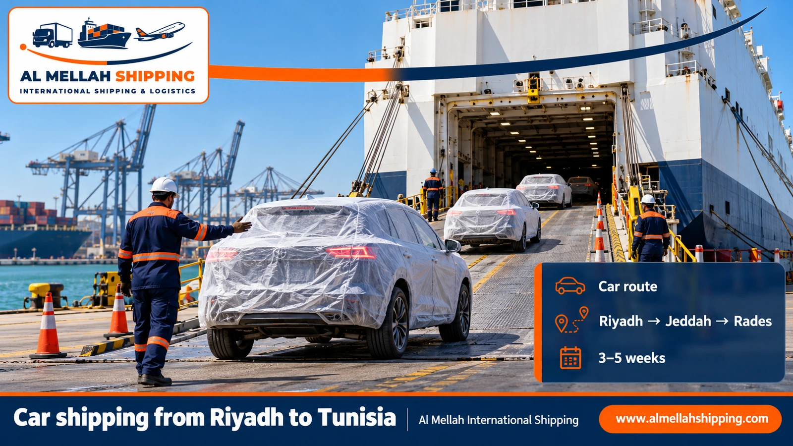 Car shipping route from Riyadh to Tunisia via Jeddah port