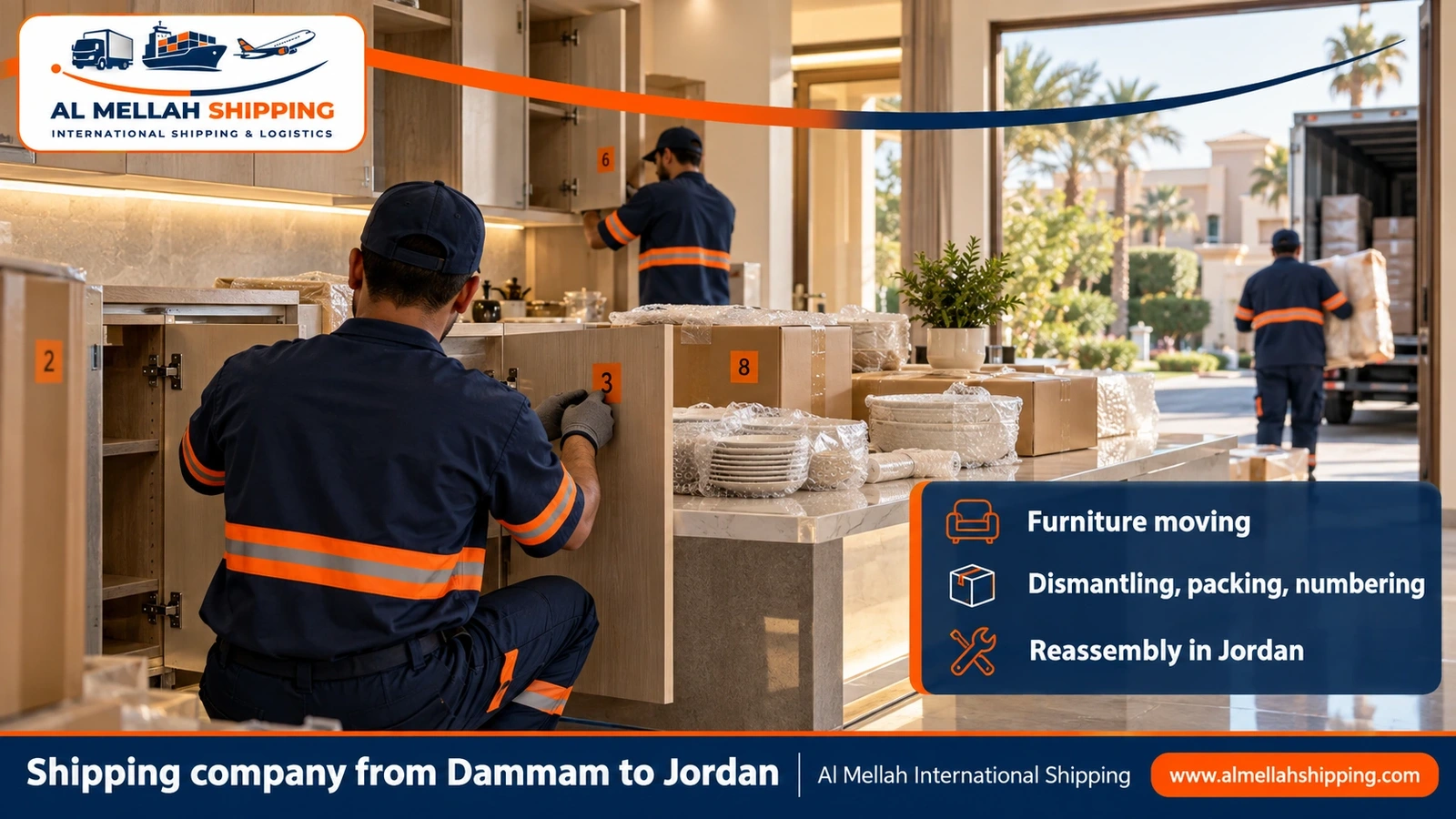 Furniture moving from Dammam to Jordan with dismantling, packing and reassembly