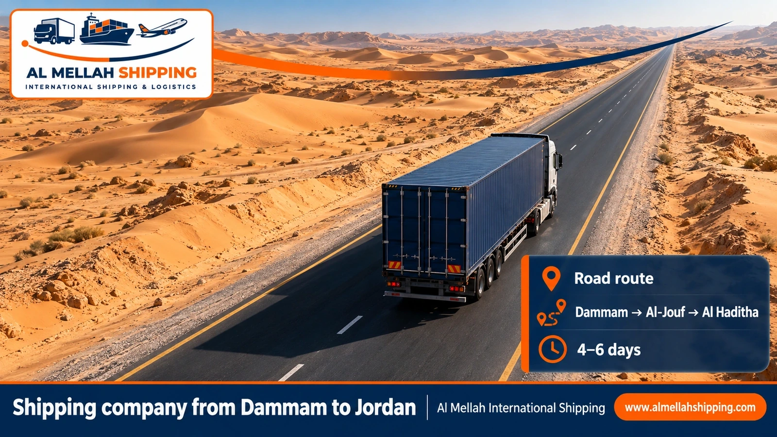 Road route from Dammam to Jordan via the Al Haditha crossing