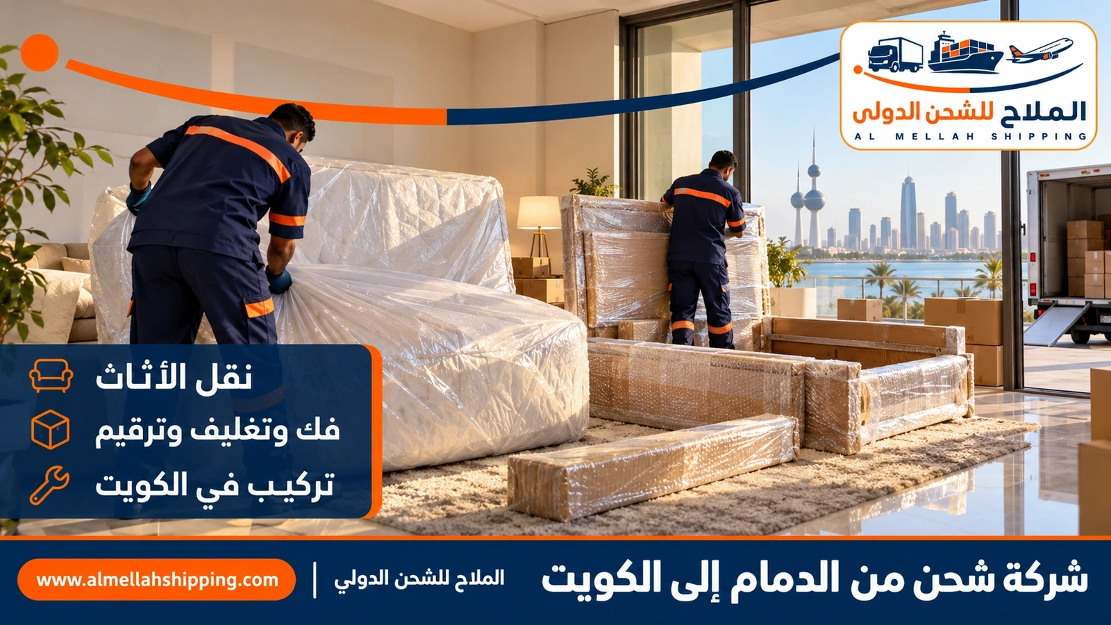 نقل أثاث من الدمام إلى الكويت بالفك والتغليف والتركيب