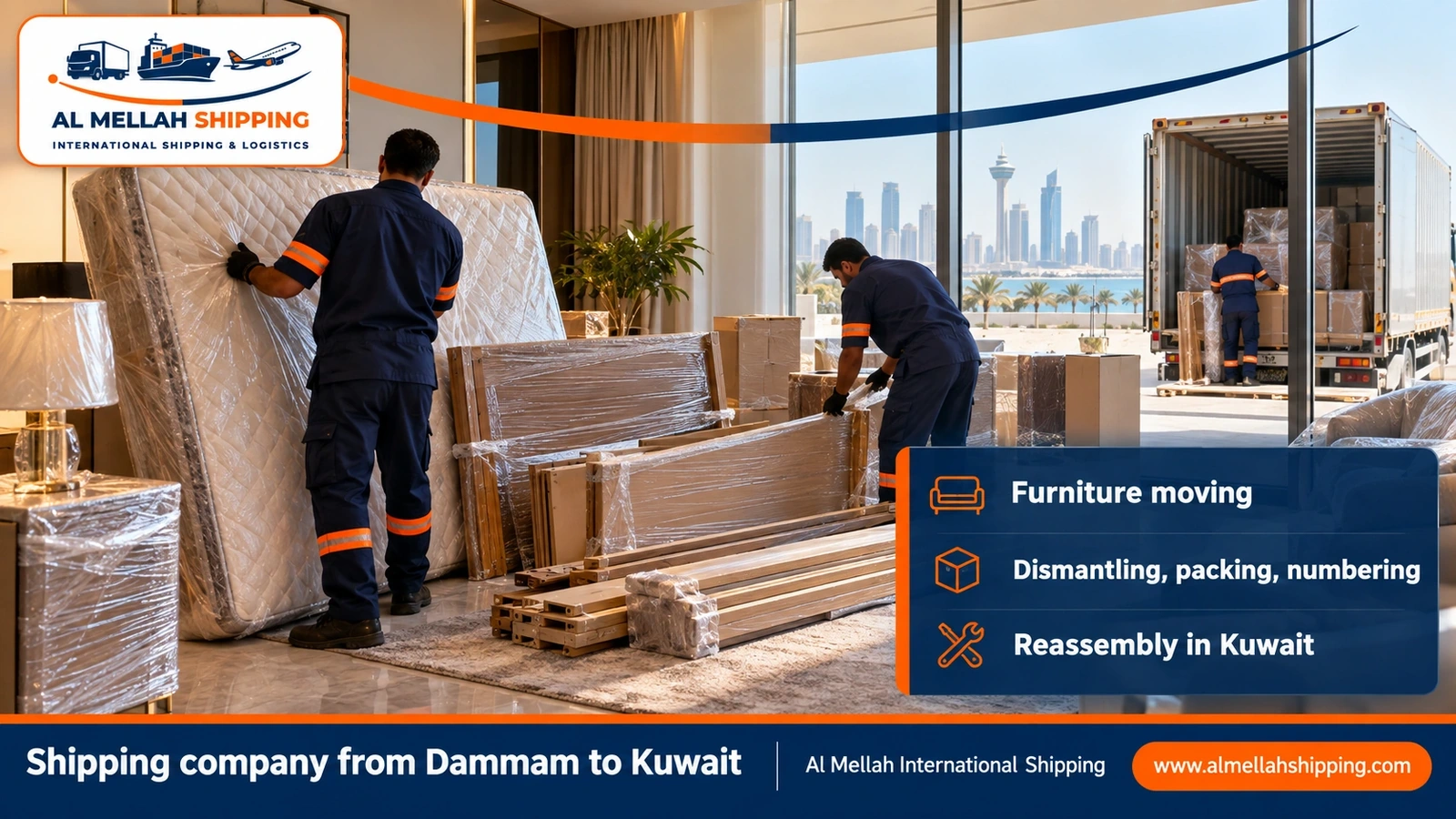 Furniture moving from Dammam to Kuwait with dismantling, packing and reassembly