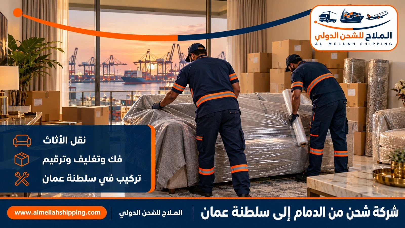 نقل أثاث من الدمام إلى عُمان بالفك والتغليف والتركيب