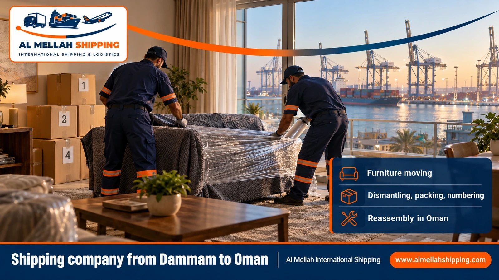 Furniture moving from Dammam to Oman with dismantling, packing and reassembly