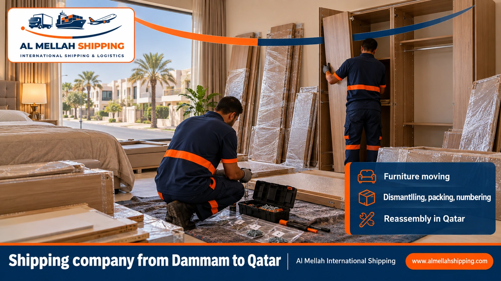 Furniture moving from Dammam to Qatar with dismantling, packing and reassembly