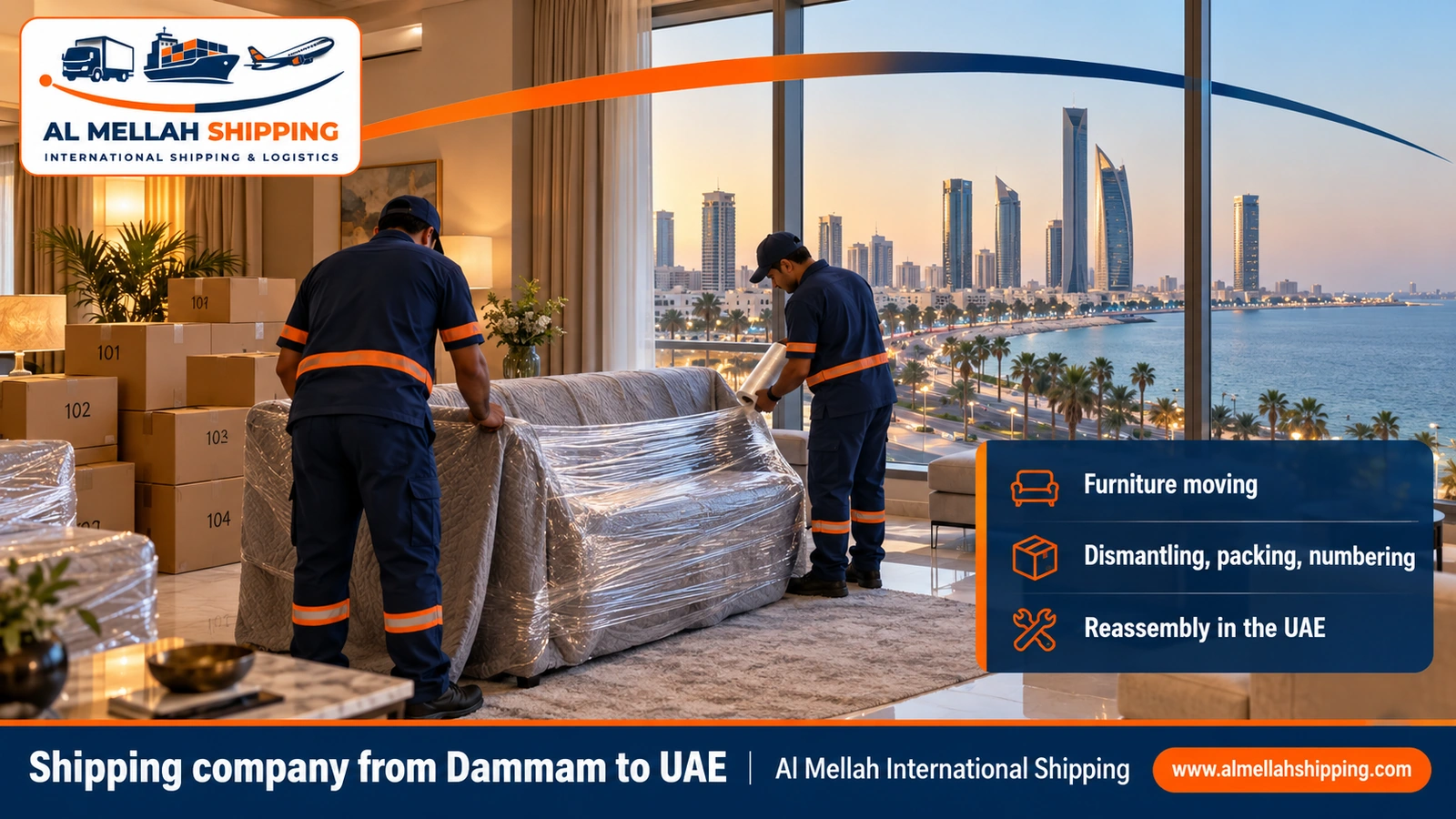 Furniture moving from Dammam to the UAE with dismantling, packing and reassembly