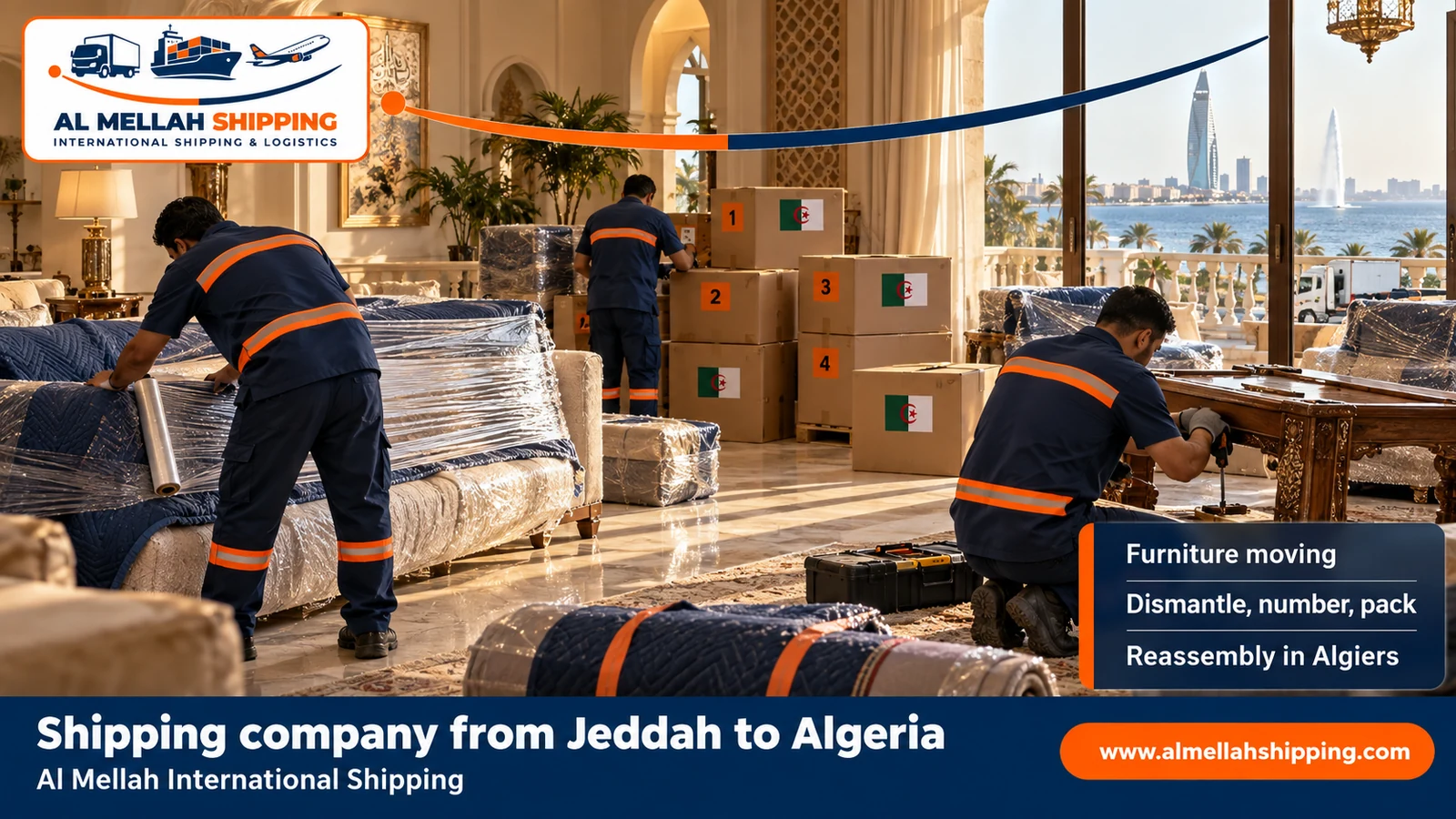 Furniture moving from Jeddah to Algeria with dismantling, packing and reassembly