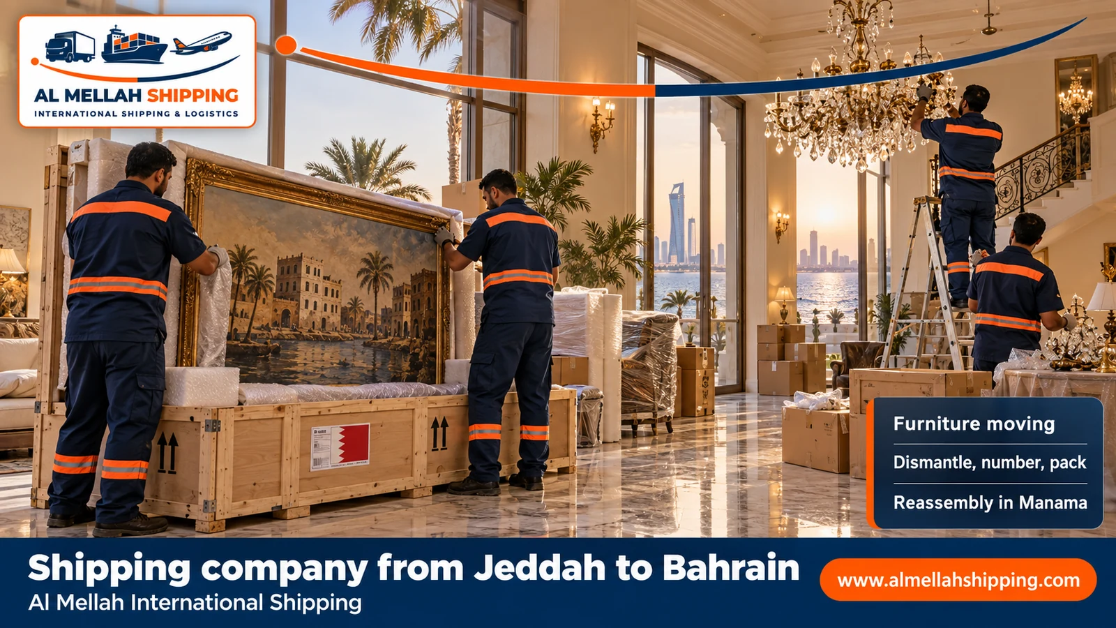 Furniture moving from Jeddah to Bahrain with dismantling, packing and reassembly