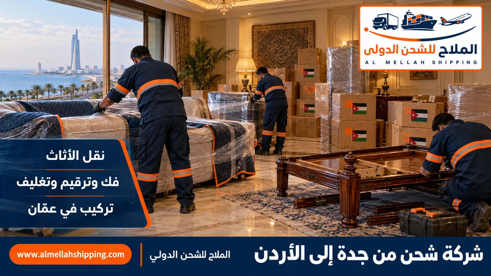 نقل أثاث من جدة إلى الأردن بالفك والتغليف والتركيب