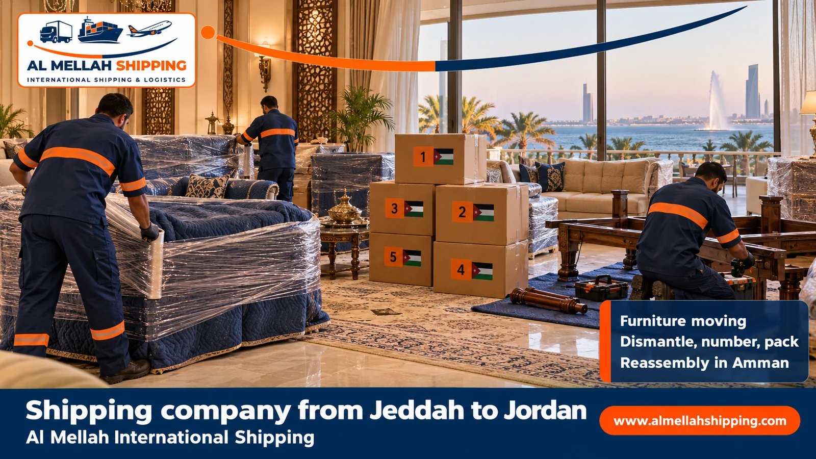 Furniture moving from Jeddah to Jordan with dismantling, packing and reassembly