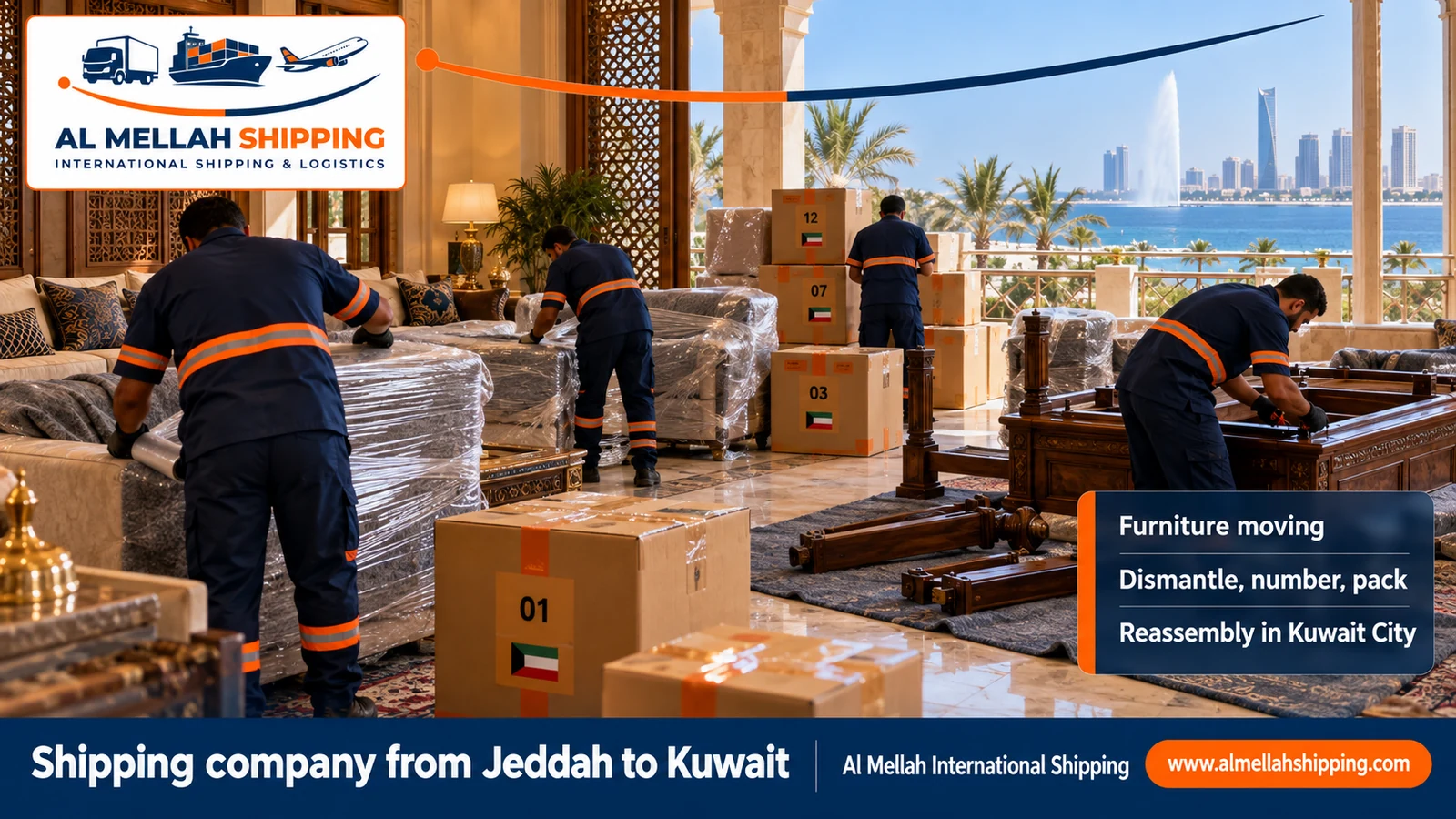 Furniture moving from Jeddah to Kuwait with dismantling, packing and reassembly