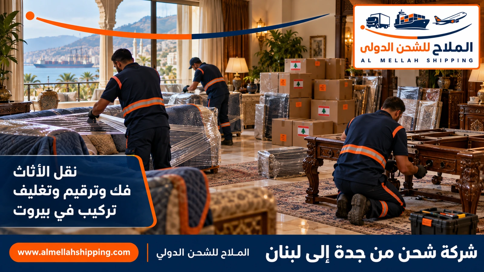نقل أثاث من جدة إلى لبنان بالفك والتغليف والتركيب