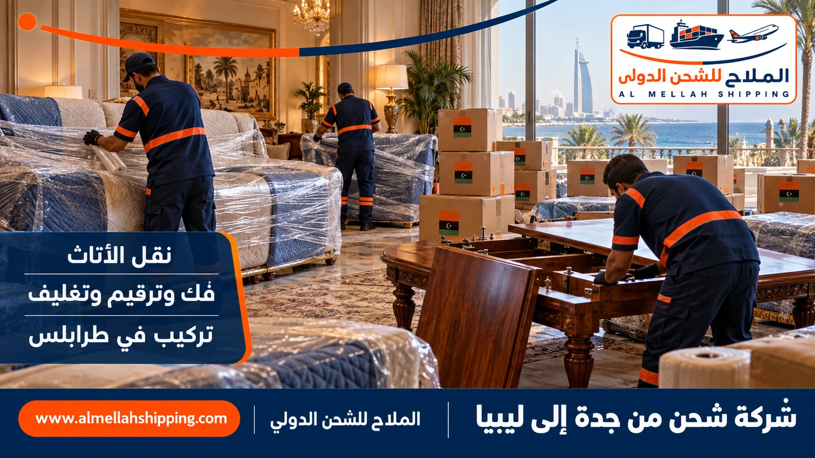 نقل أثاث من جدة إلى ليبيا بالفك والتغليف والتركيب