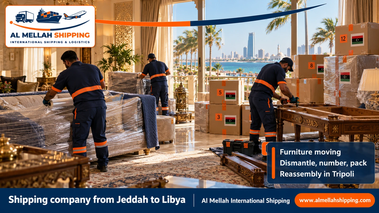 Furniture moving from Jeddah to Libya with dismantling, packing and reassembly