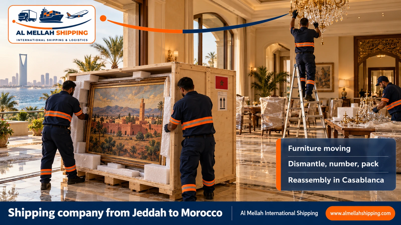 Furniture moving from Jeddah to Morocco with dismantling, packing and reassembly