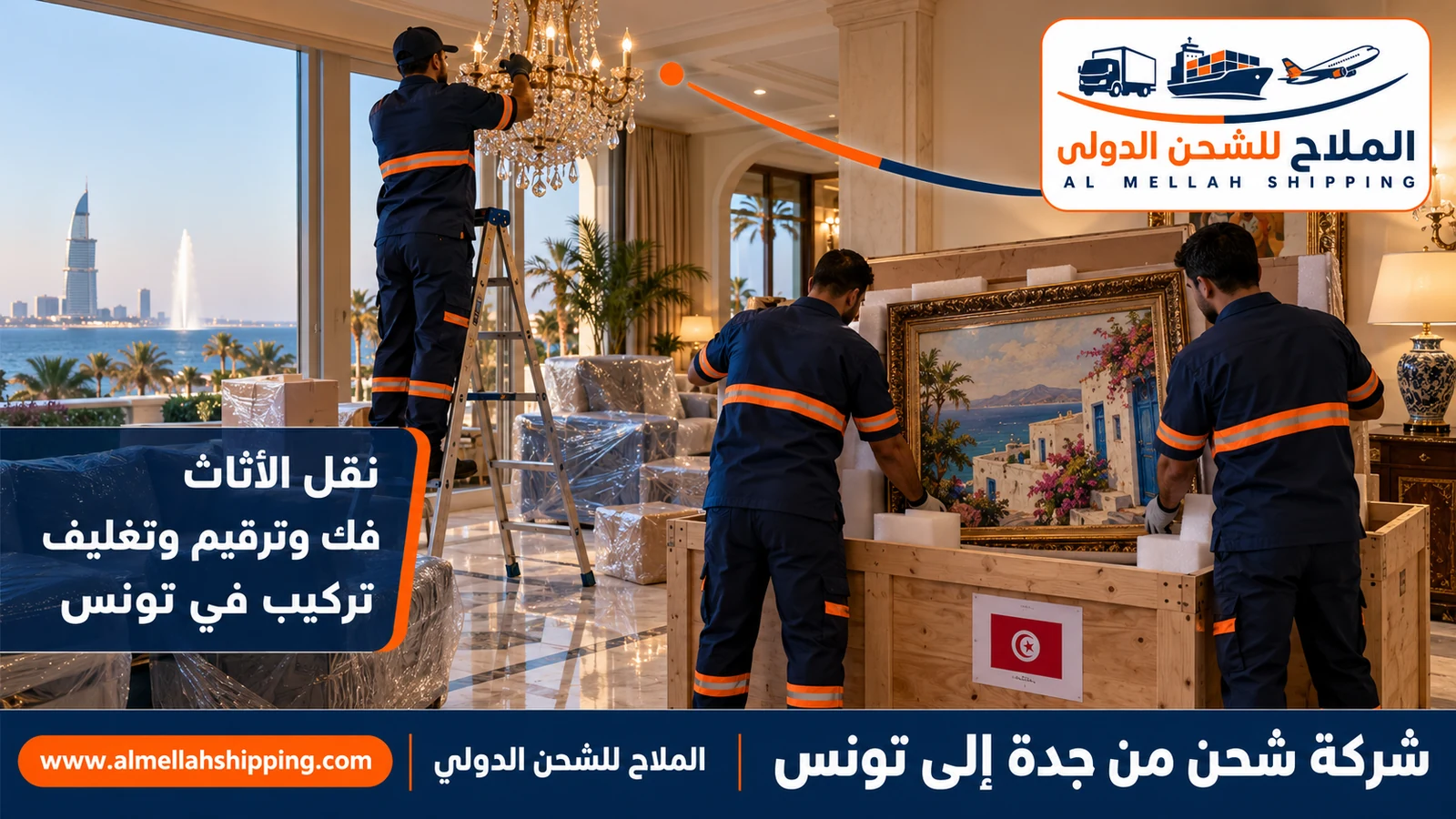 نقل أثاث من جدة إلى تونس بالفك والتغليف والتركيب