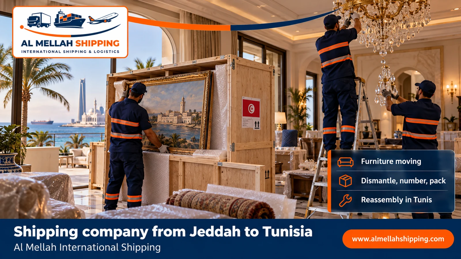Furniture moving from Jeddah to Tunisia with dismantling, packing and reassembly