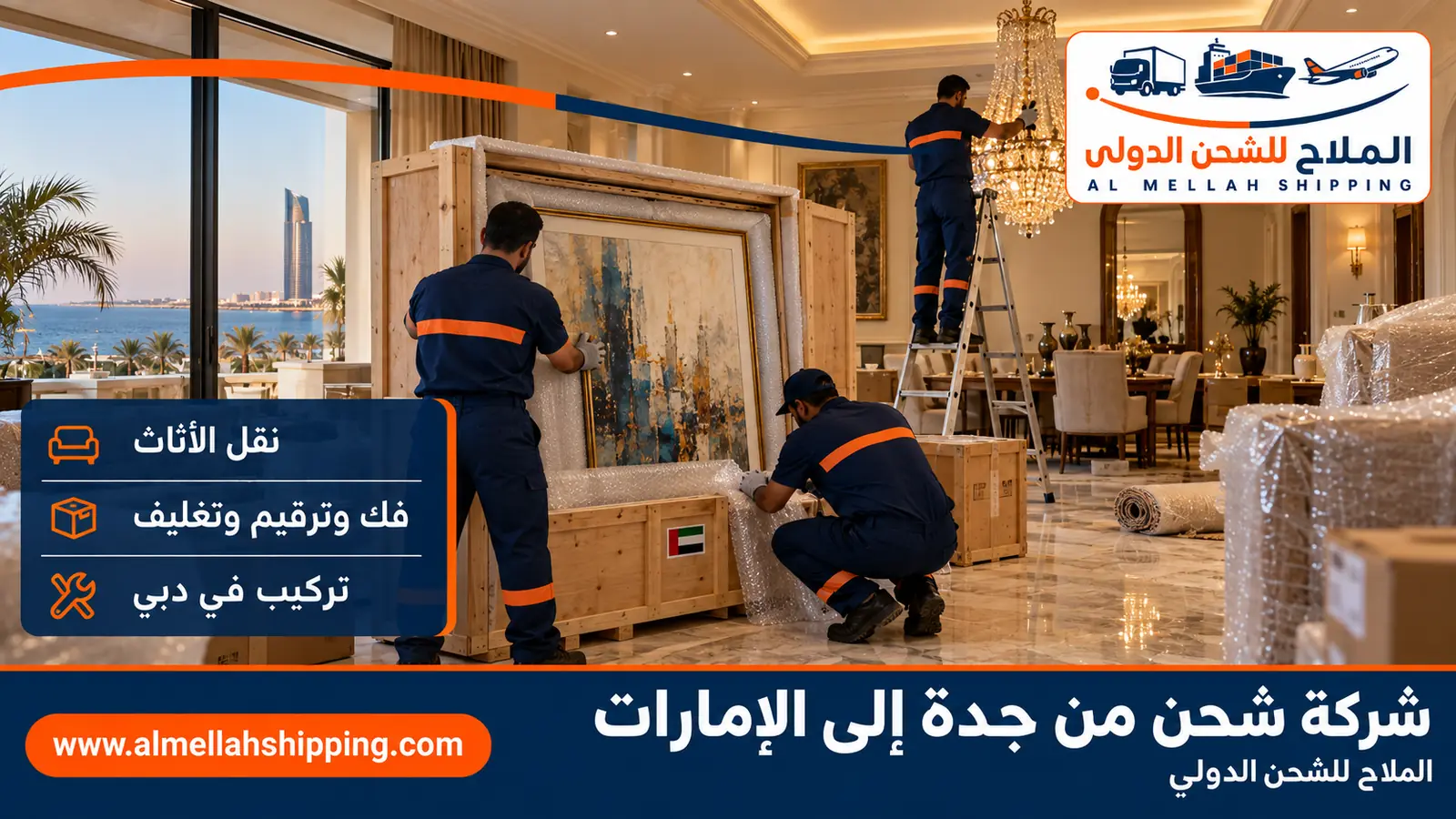 نقل أثاث من جدة إلى الإمارات بالفك والتغليف والتركيب