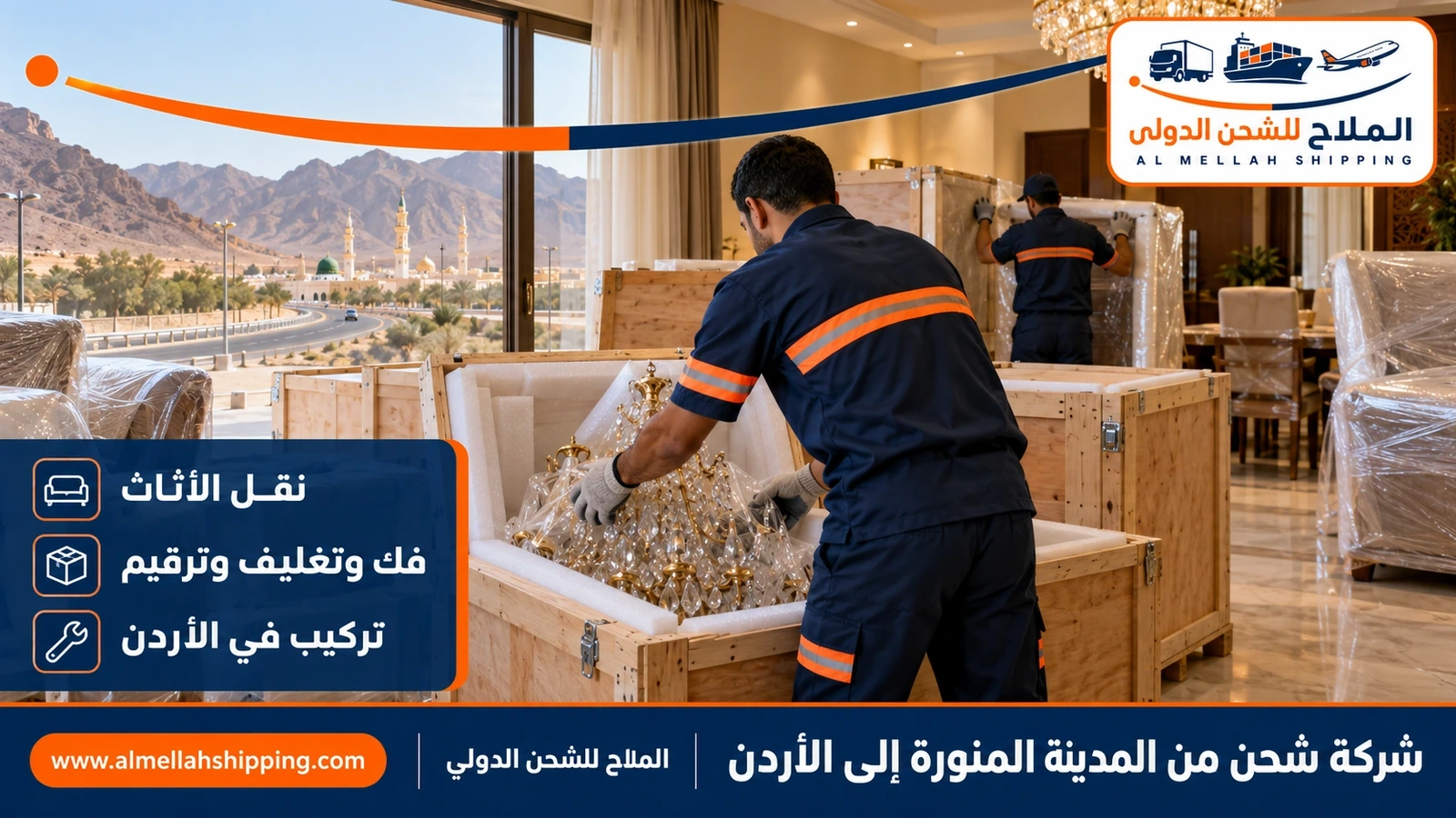نقل أثاث من المدينة المنورة إلى الأردن بالفك والتغليف والتركيب
