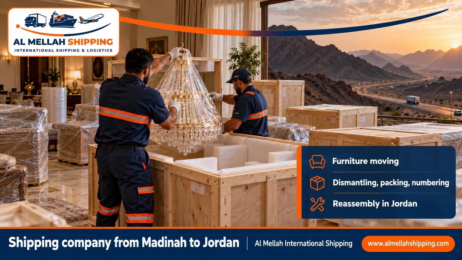 Furniture moving from Madinah to Jordan with dismantling, packing and reassembly