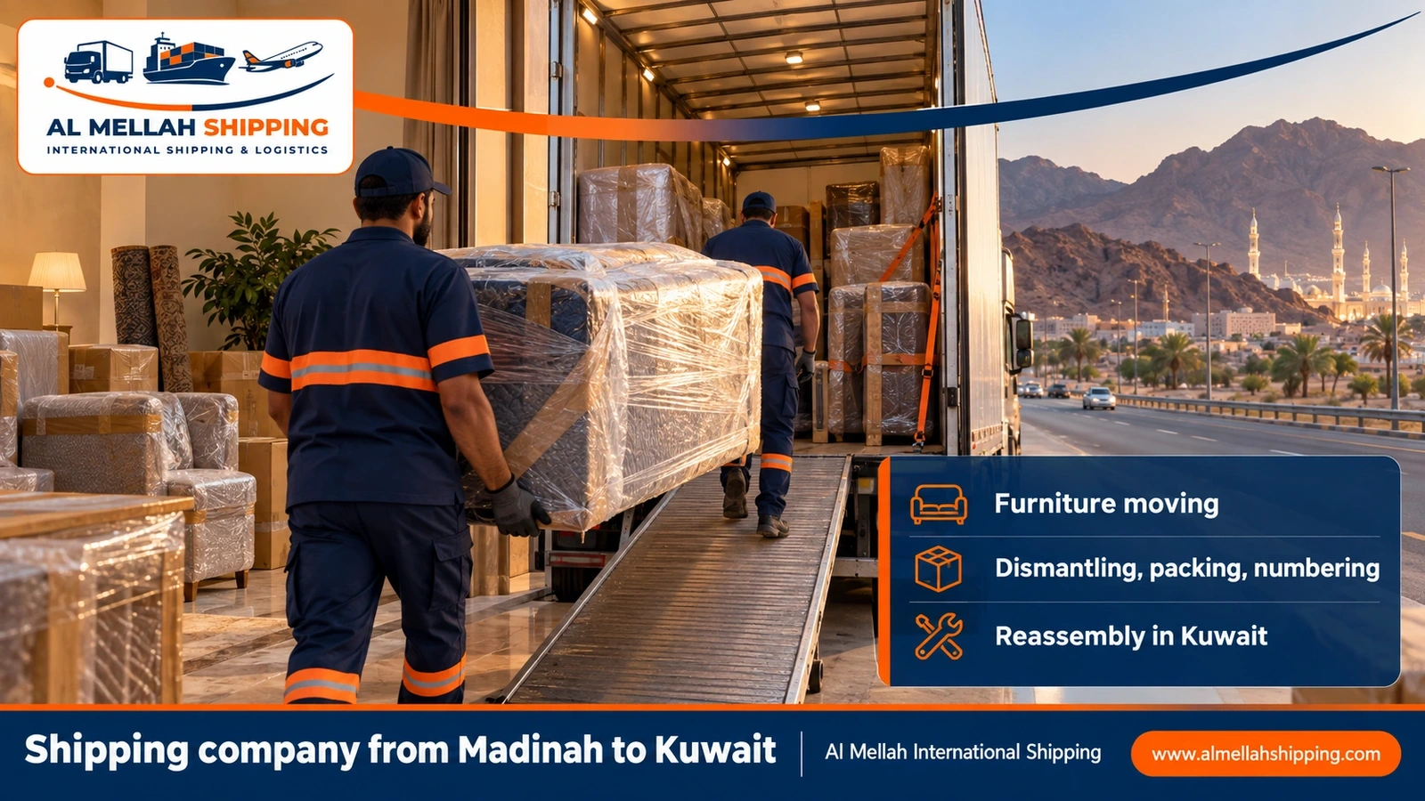 Furniture moving from Madinah to Kuwait with dismantling, packing and reassembly