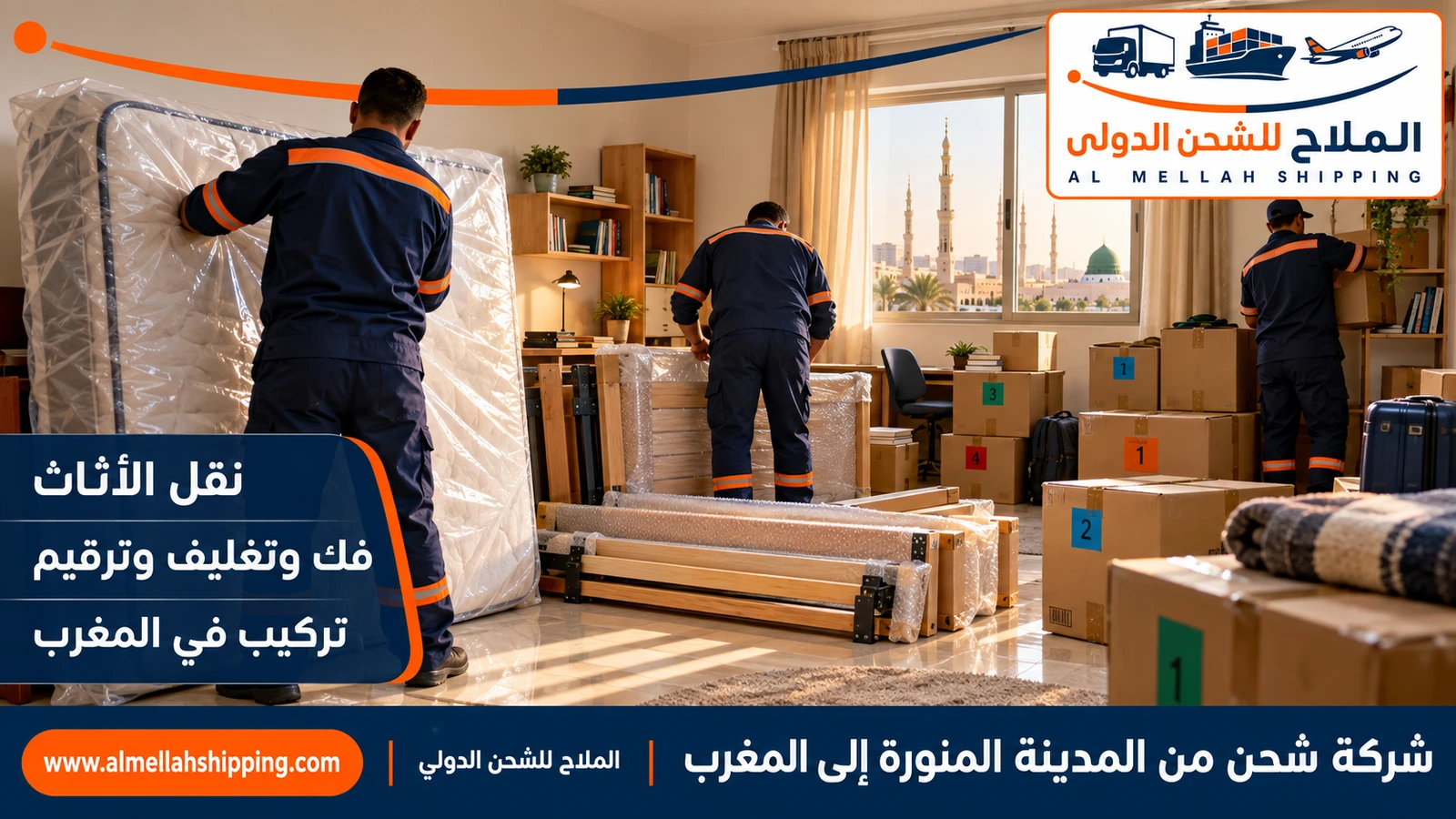 نقل أثاث من المدينة المنورة إلى المغرب بالتغليف البحري
