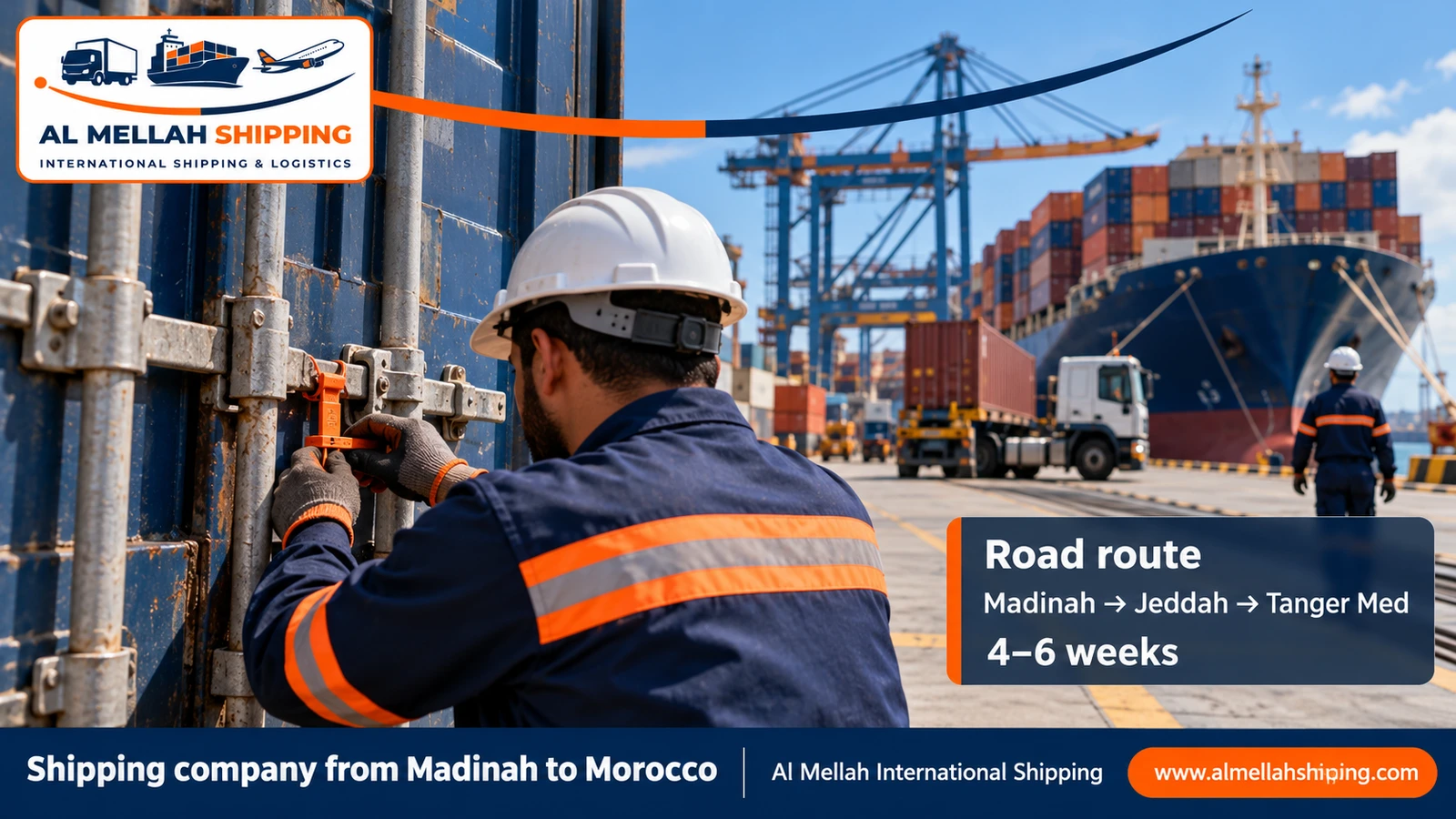 Sea shipping route from Madinah to Morocco via Jeddah port