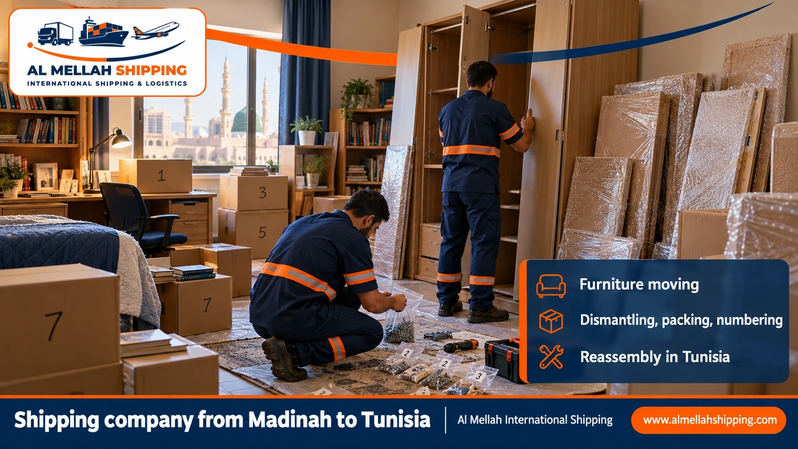 Furniture moving from Madinah to Tunisia with sea packing