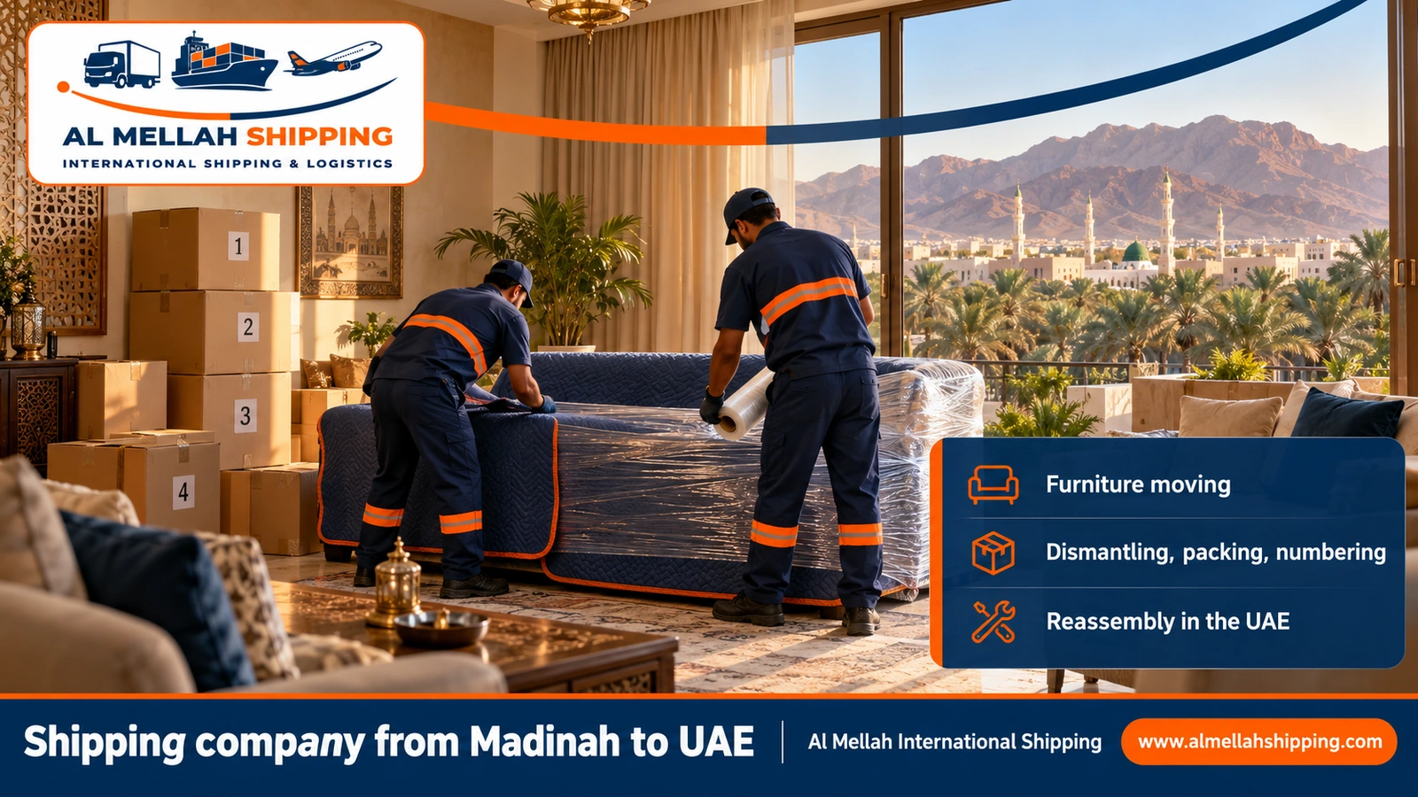 Furniture moving from Madinah to the UAE with dismantling, packing and reassembly