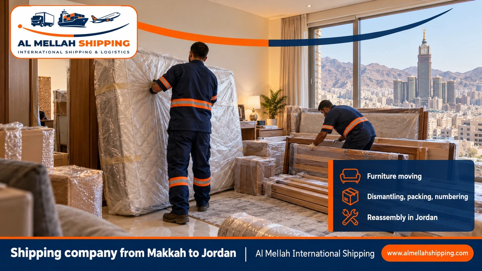 Furniture moving from Makkah to Jordan with dismantling, packing and reassembly